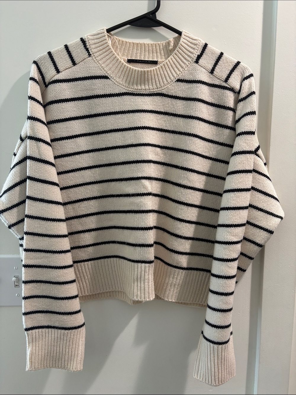 T Tahari Cream and Black Striped Crewneck Sweater